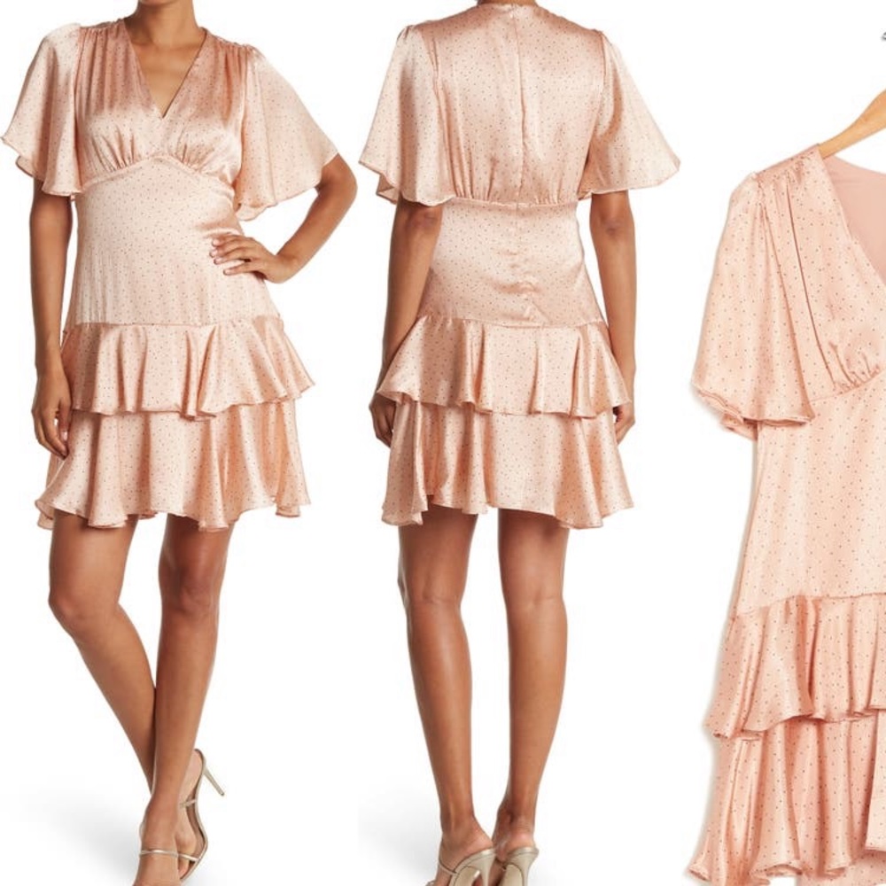 Dot flutter sleeve ruffled satin dress